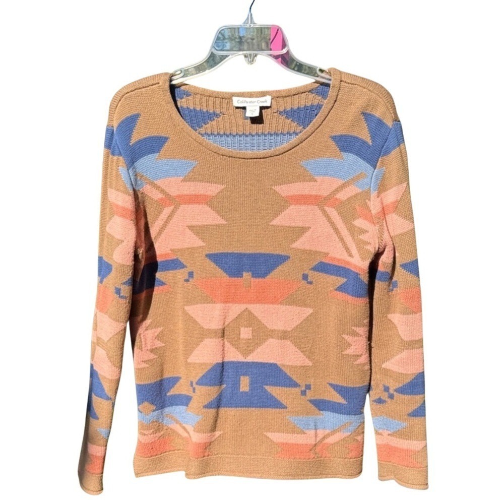 Coldwater Creek Southwestern Geometric Intarsia Knit Sweater Brown Blue Small